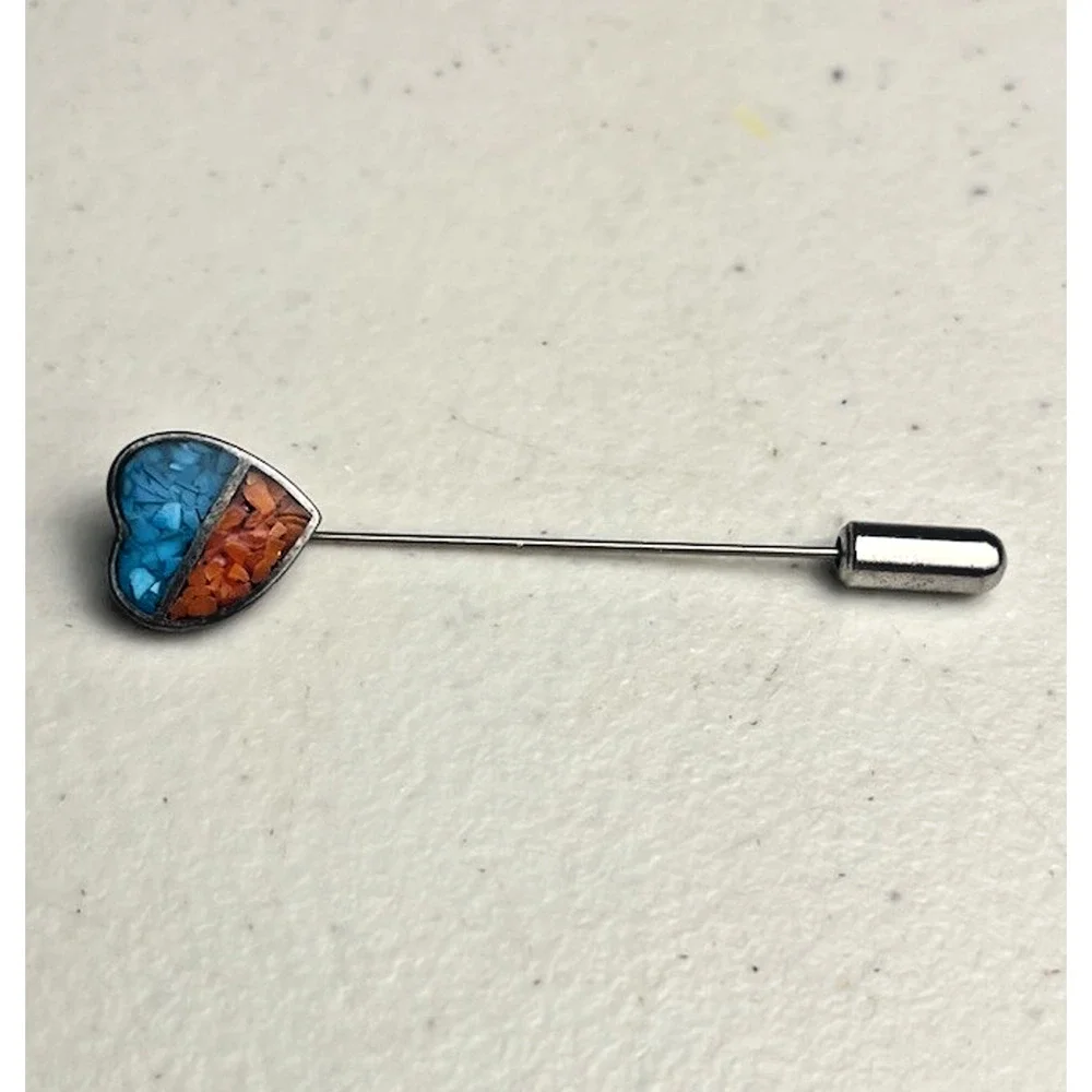 Vintage 925 Sterling Silver Coral Turquoise Inlay Heart Stick Pin Stud Earrings